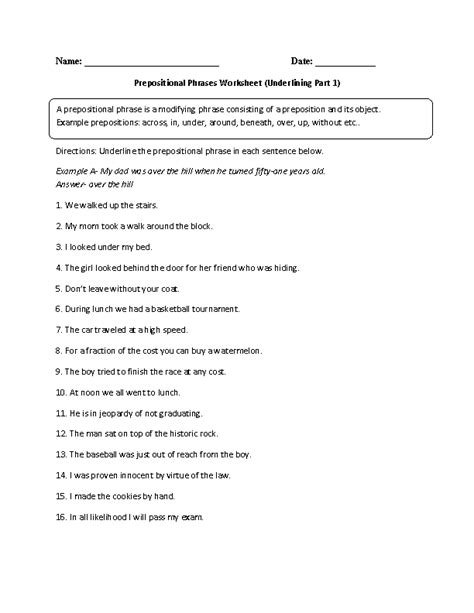 prepositional phrase worksheet with answers grade 5